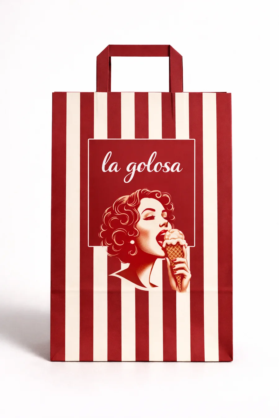 Shopper a righe con l'illustrazione vintage in bicromia rossa: una ragazza anni Cinquanta con un cono gelato