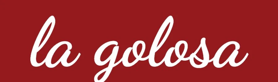 Logotipo la golosa nello script arrotondato, crema su rosso