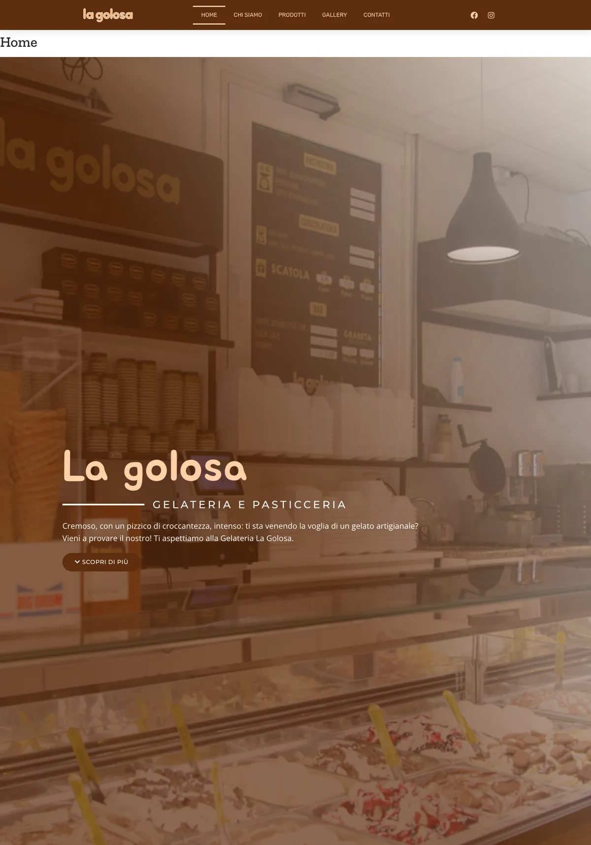 Home page del sito attuale gelaterialagolosa1993.it: foto generiche, testi come 'un nome una garanzia', nessuna identità visiva